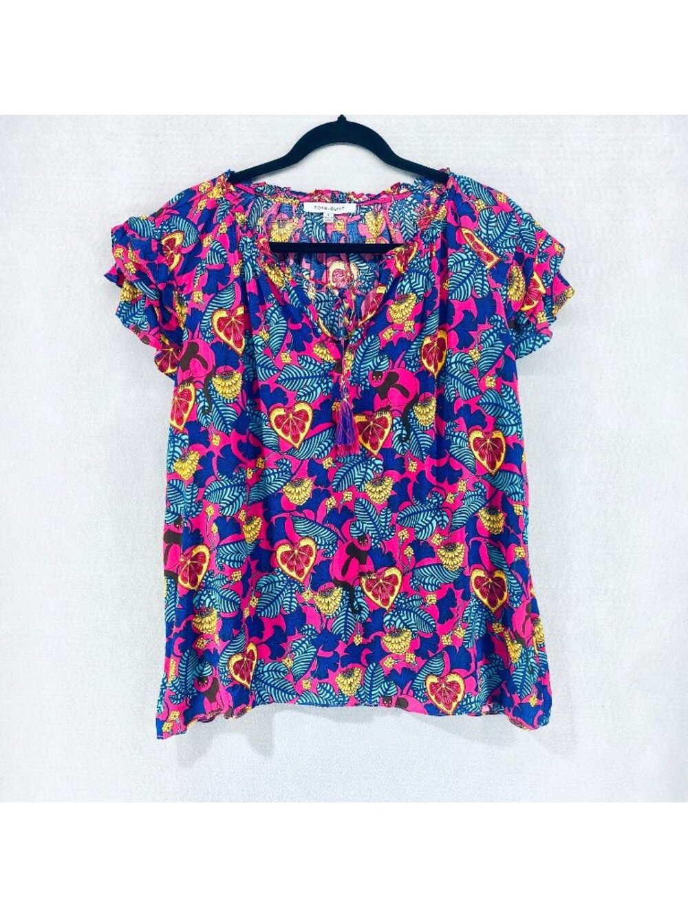 Rose + Olive Top Womens L Multicolor Lightweight Pullover Blouse Citrus Fruit